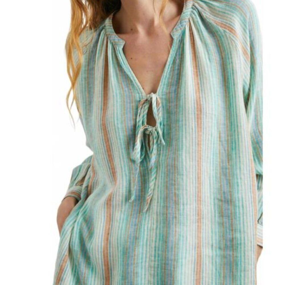 Rails Brielle Linen Blend Striped Peasant Blouse Top Seaview Stripe Size Small